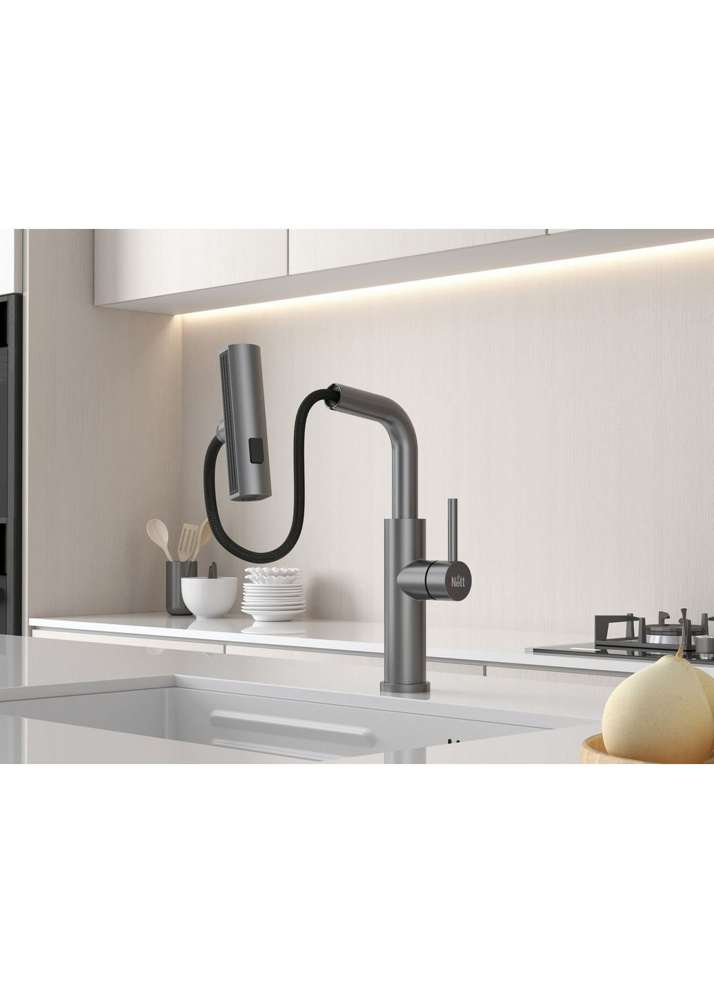Змішувач на кухню водоспад із висувною лійкою графіт LGr-35 Nett (337718076)