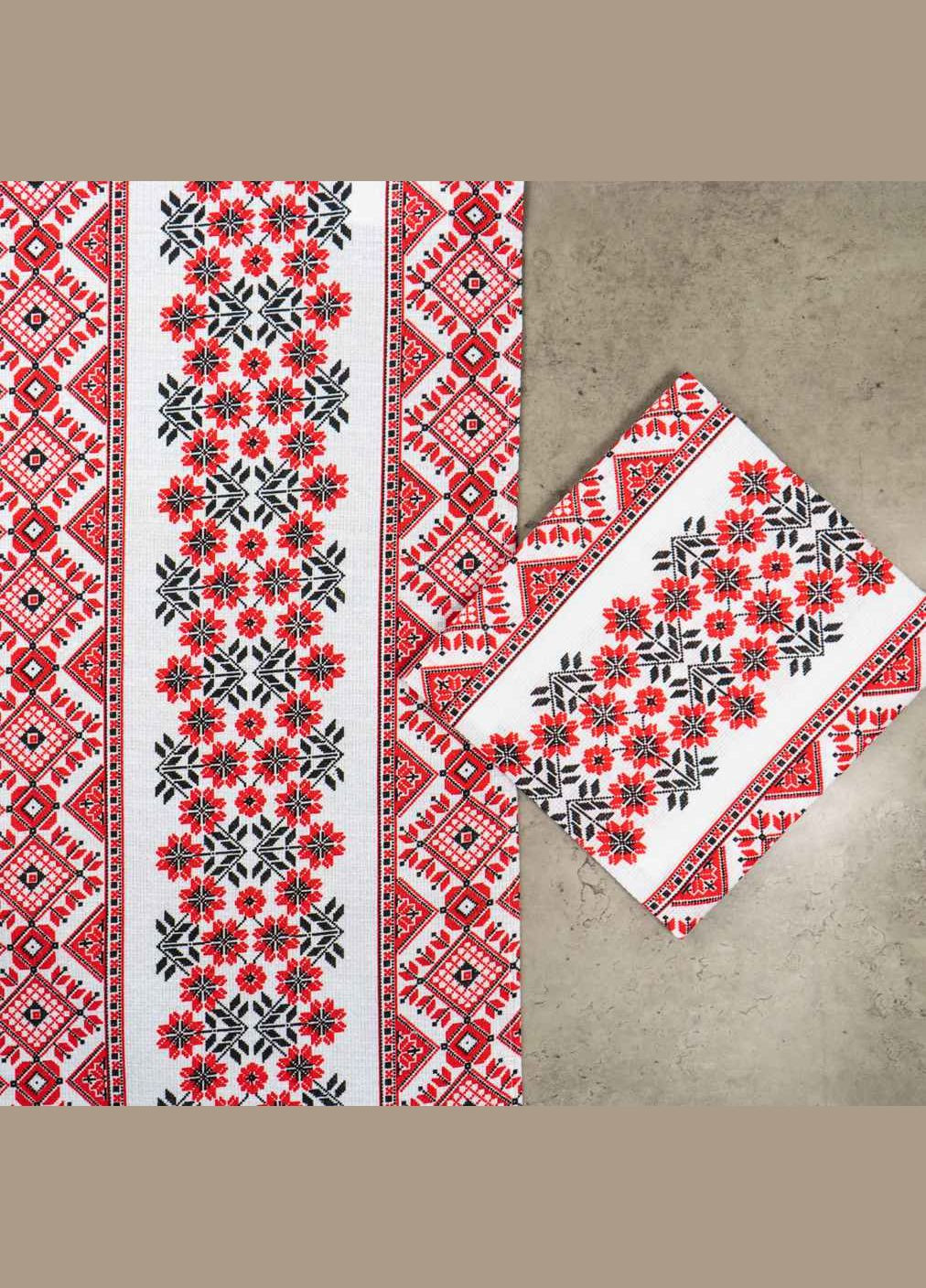GM Textile рушник вафельний з принтом вишивки та червоними квітами 35х61см 180г/м2 (білочервоний) комбінований виробництво - Узбекистан