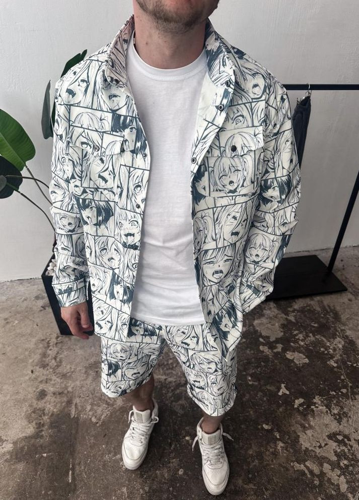 Білий демісезонний зручний білий чоловічий літній костюм-двійка з яскравим дизайном No Brand