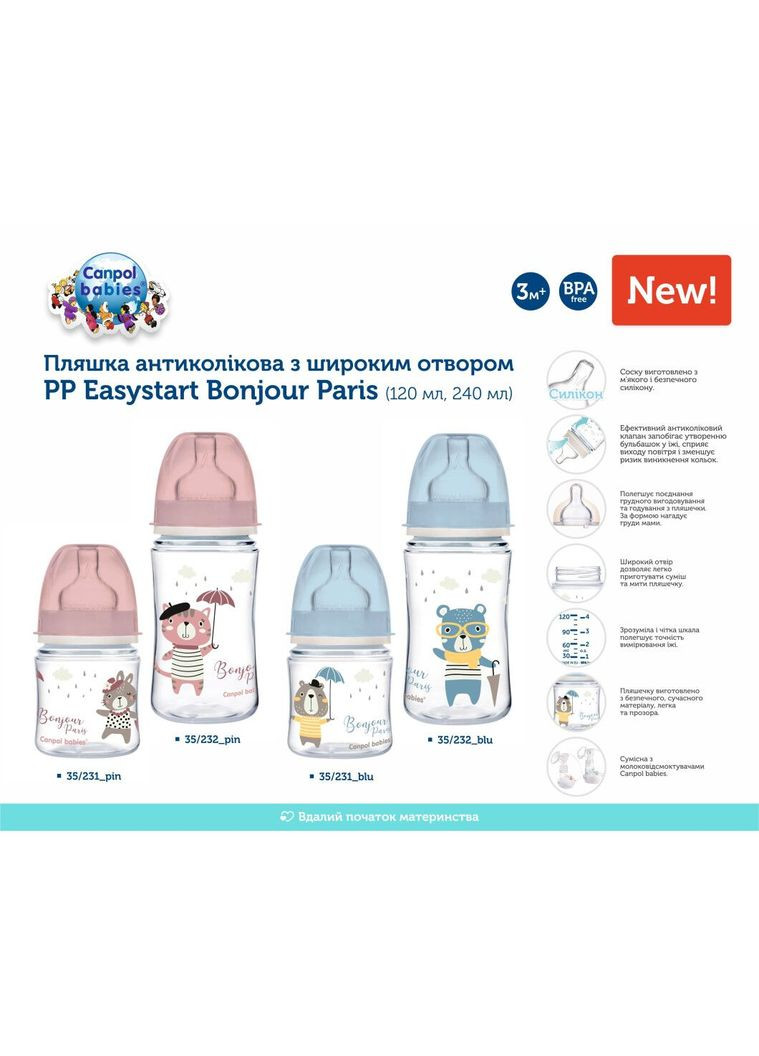 Антиколікова пляшечка Bonjour Paris, 3+, 240 мл, рожевий () Canpol Babies 35/232_pin (328310071)