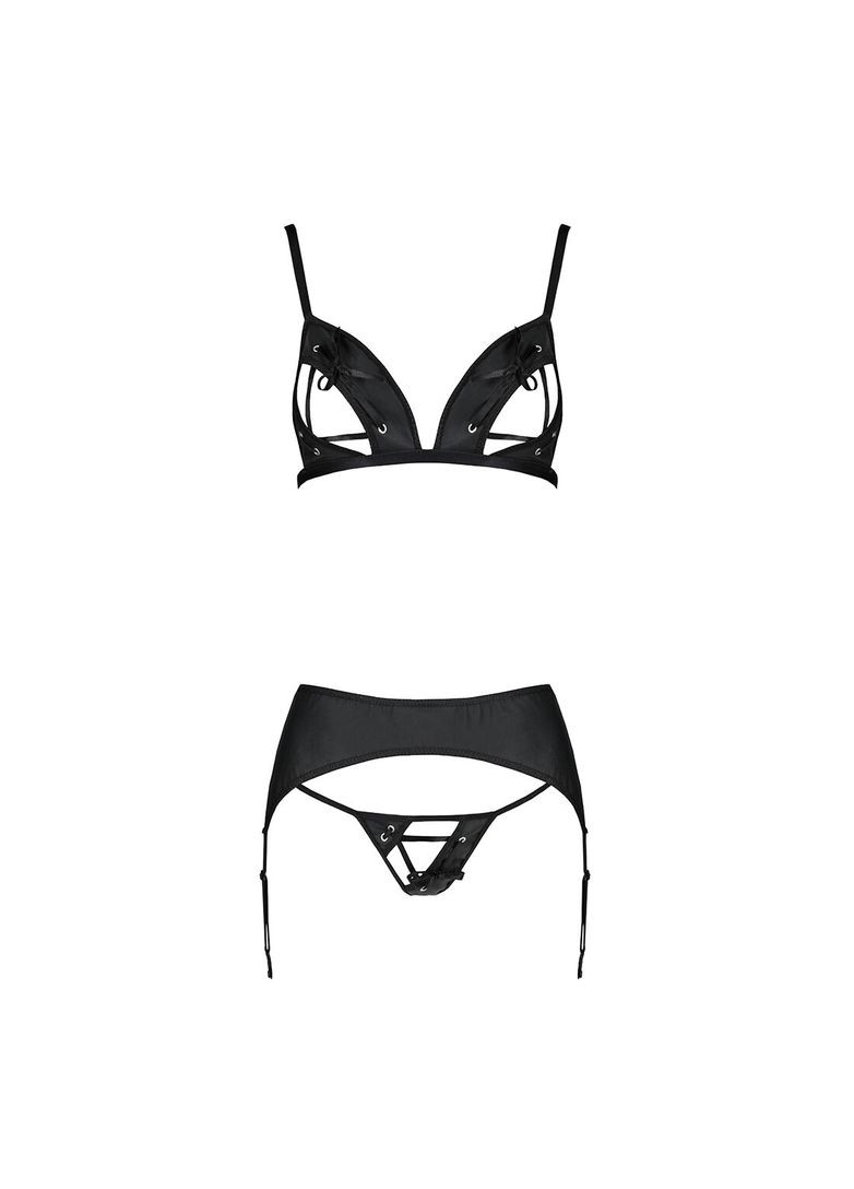 Чорний демісезонний комплект з екошкіри miley set xxl/xxxl, black, трусики, бюстгальтер, пояс для панчіх Passion