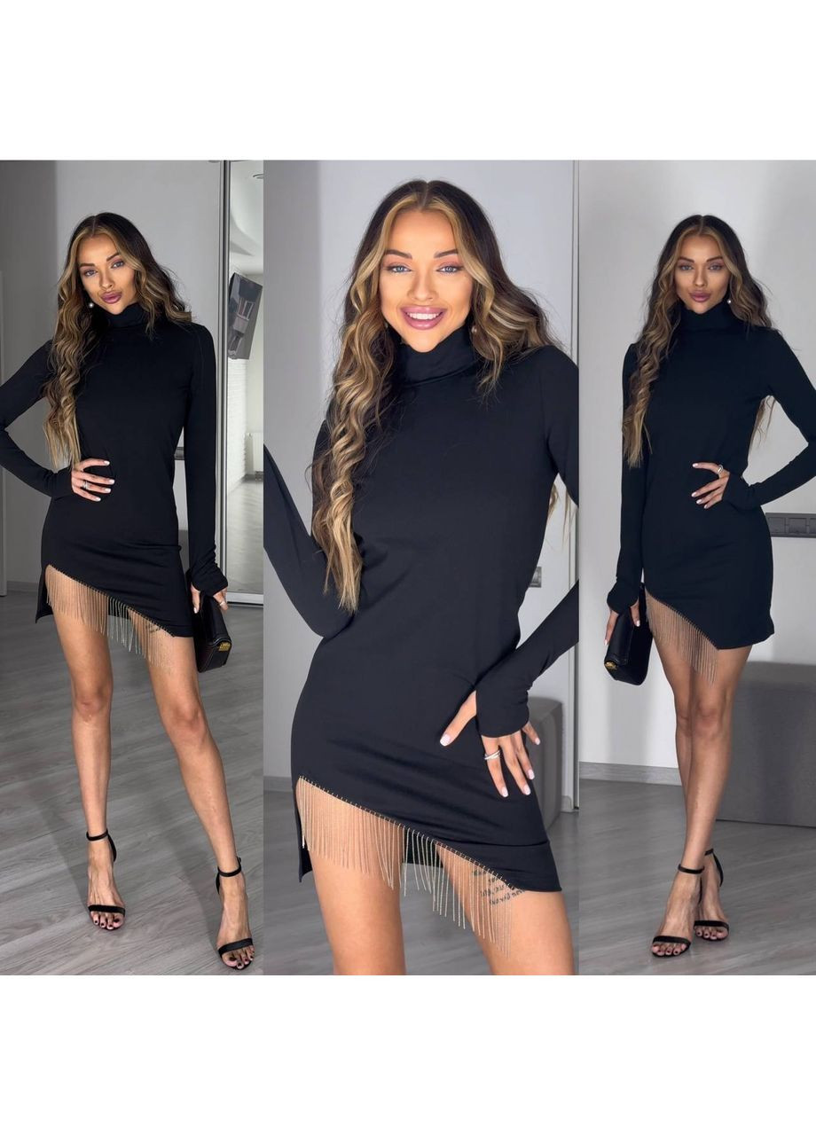 Чорна святковий жіноча міні-сукня гольф з металевою бахромою MonCher