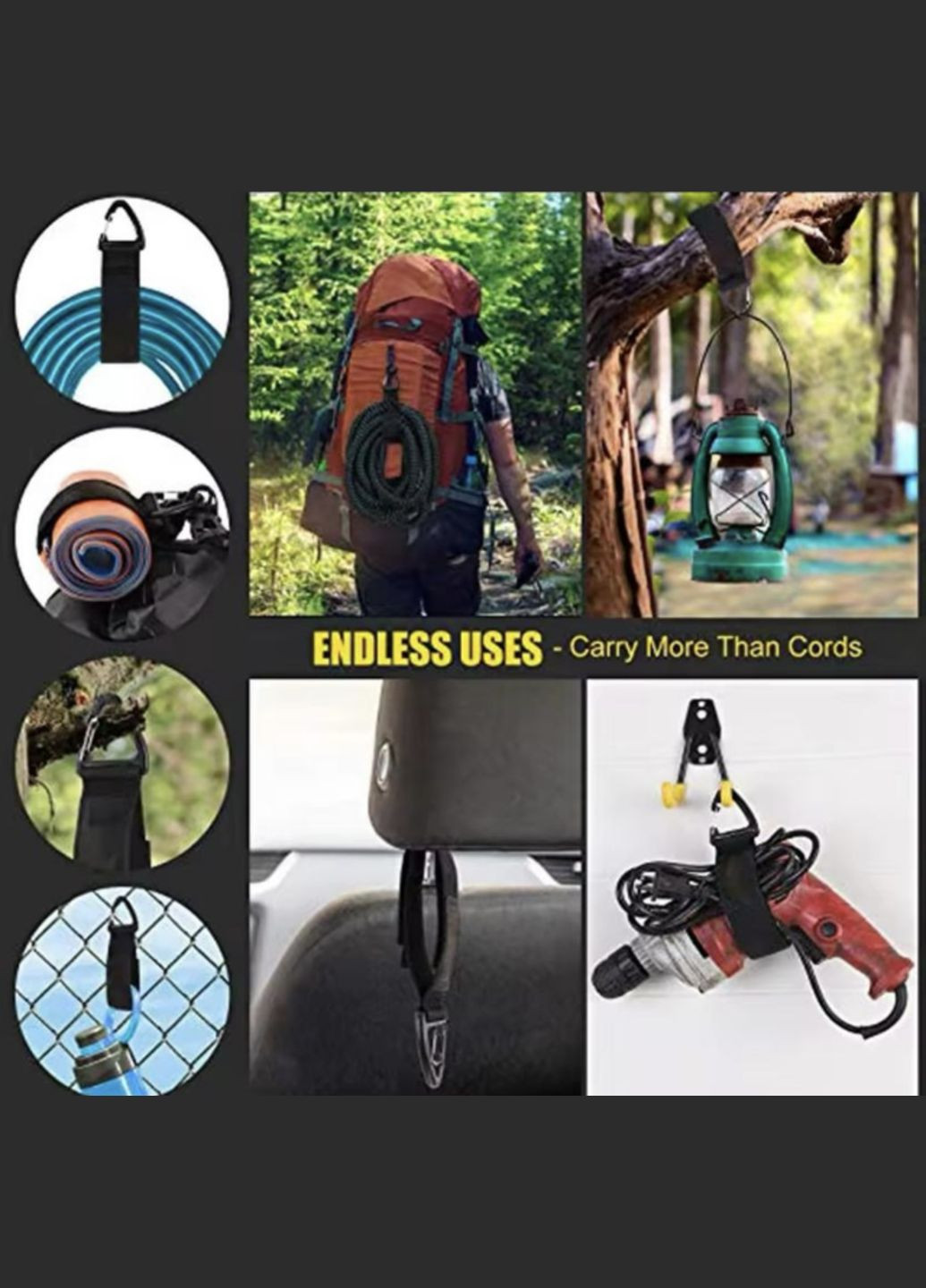 Фиксатор кабеля шланга веревки стяжка карабин держатель для провода велосепеда удочек липучка М 33 см 1 шт Черный Neon (340276168)