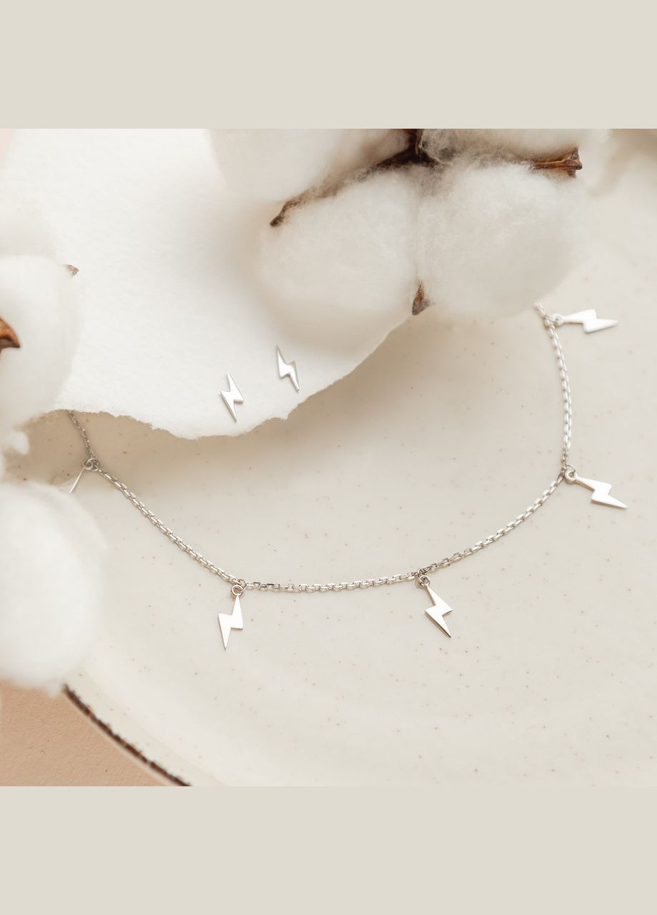 Комплект срібний Блискавки сережки пусети та браслет на ногу з пятьма підвісами Каштан (342334632)