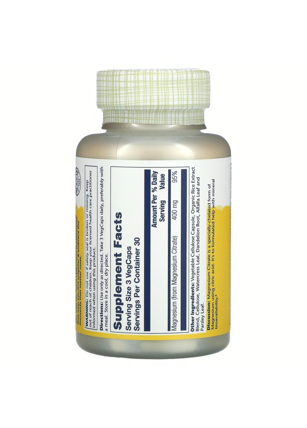 Магний цитрат, Magnesium Citrate, 400 мг, 90 капсул 0730 Solaray (364195063)