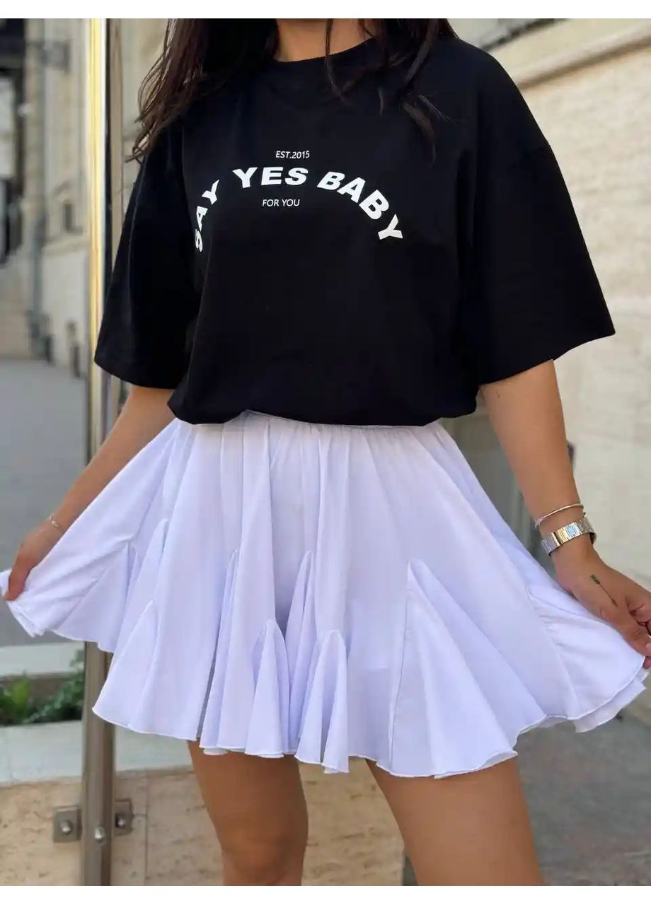 Белая мини юбка с шортами и клиньями принт No Brand