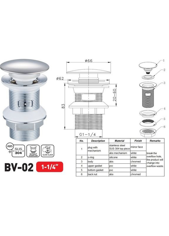 Донний клапан для раковини BV-02 1 1/4'' без переливу автоматичний СLICK-СLACK (Колір хром) (ZX6015) Zerix (369933071)
