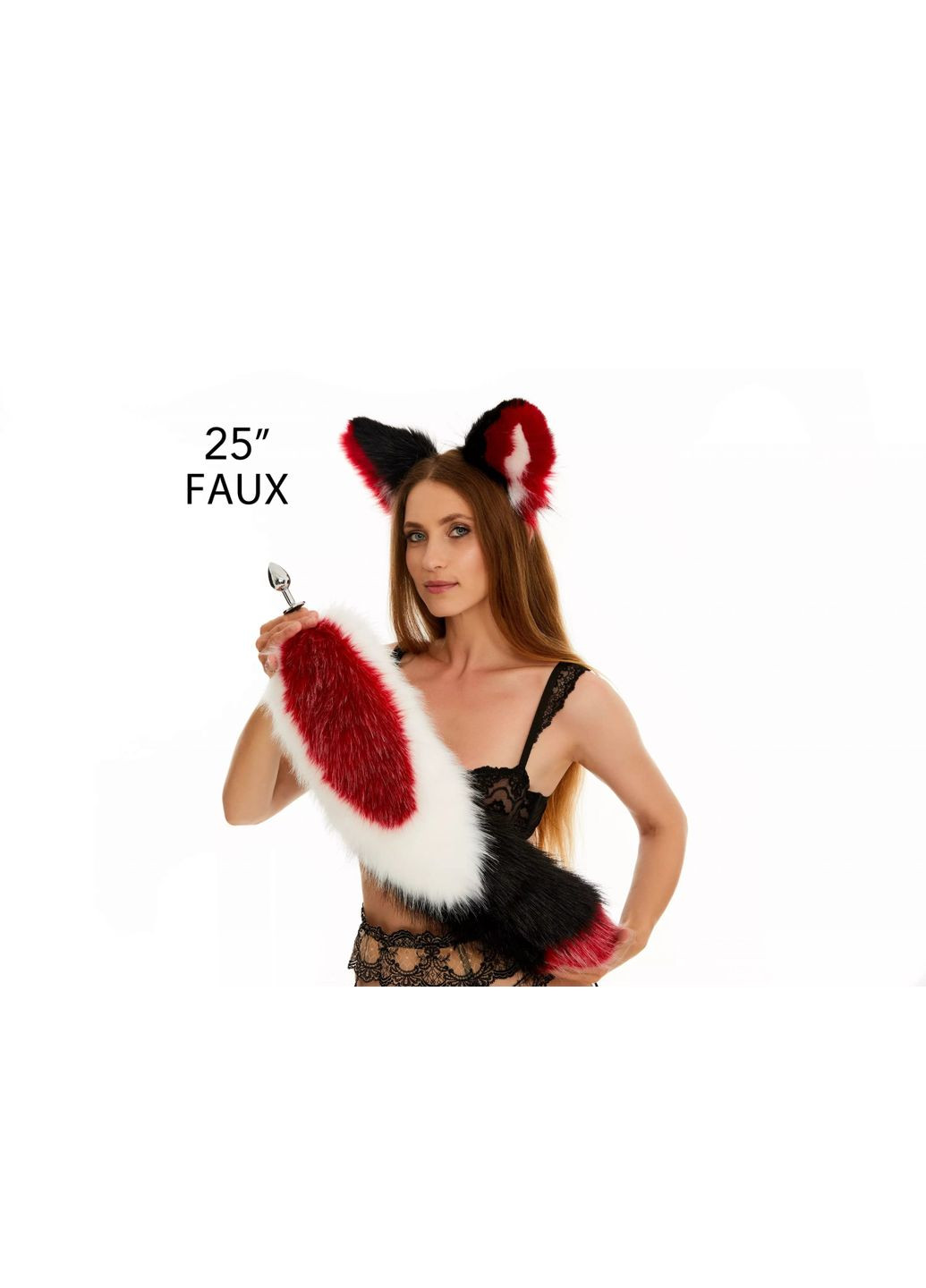 Анальный меховой хвост без пробки, Трехцветный: Темно-красный, белый, черный с красным кончиком, 60 см. OKOVA (315149052)