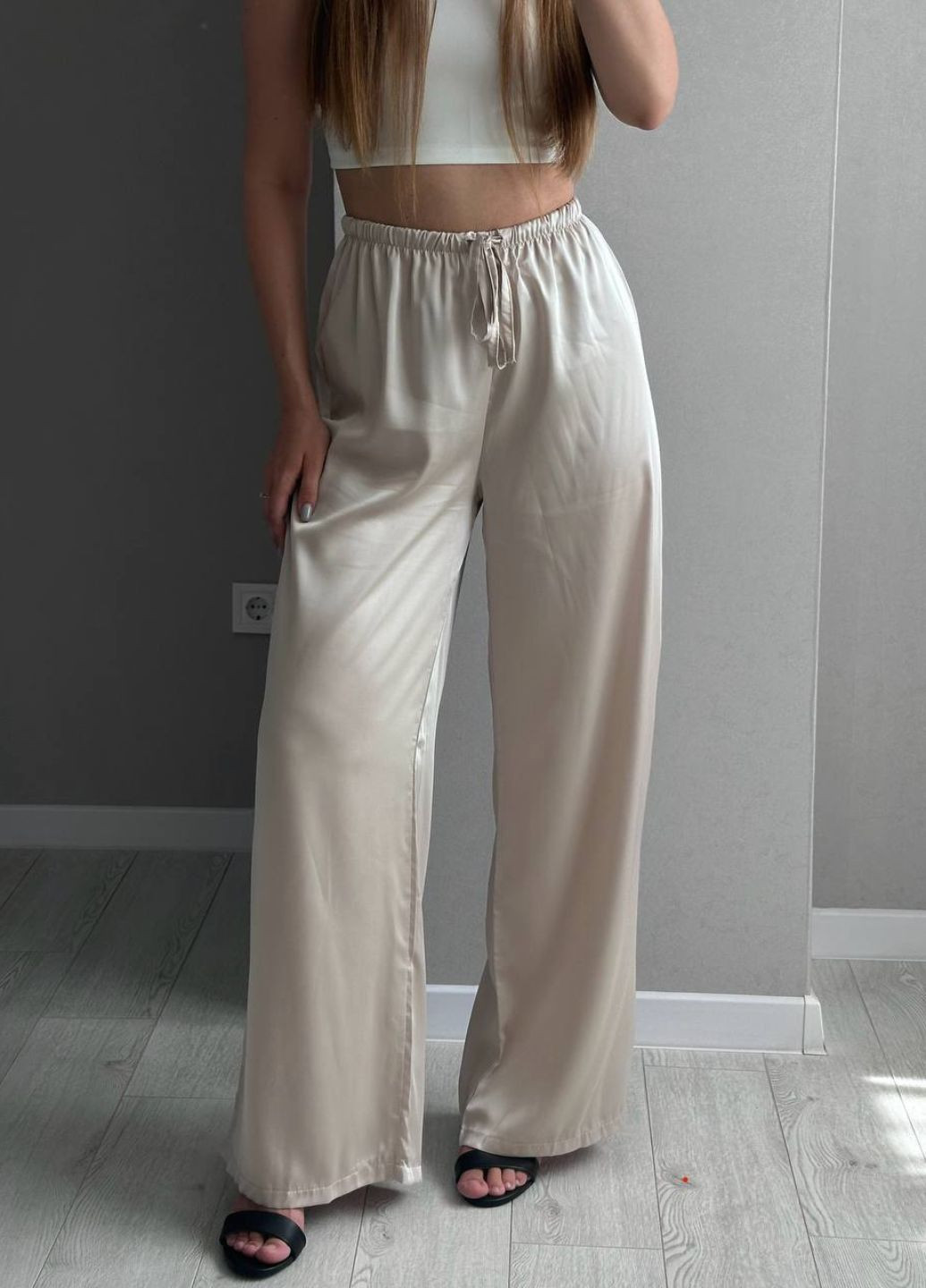 Базові легкі повсякденні шовкові прямі штани високої посадки з поясом на резинці зі шнурком Україна (335810718)