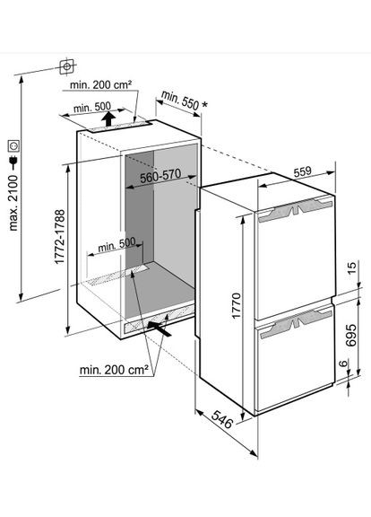 Холодильник встроенный с нижн. мороз., 177x55.9х54.6, холод.отд.182л, мороз.отд.-80л, 2дв., A+, ST, диспл внутр., белый LIEBHERR