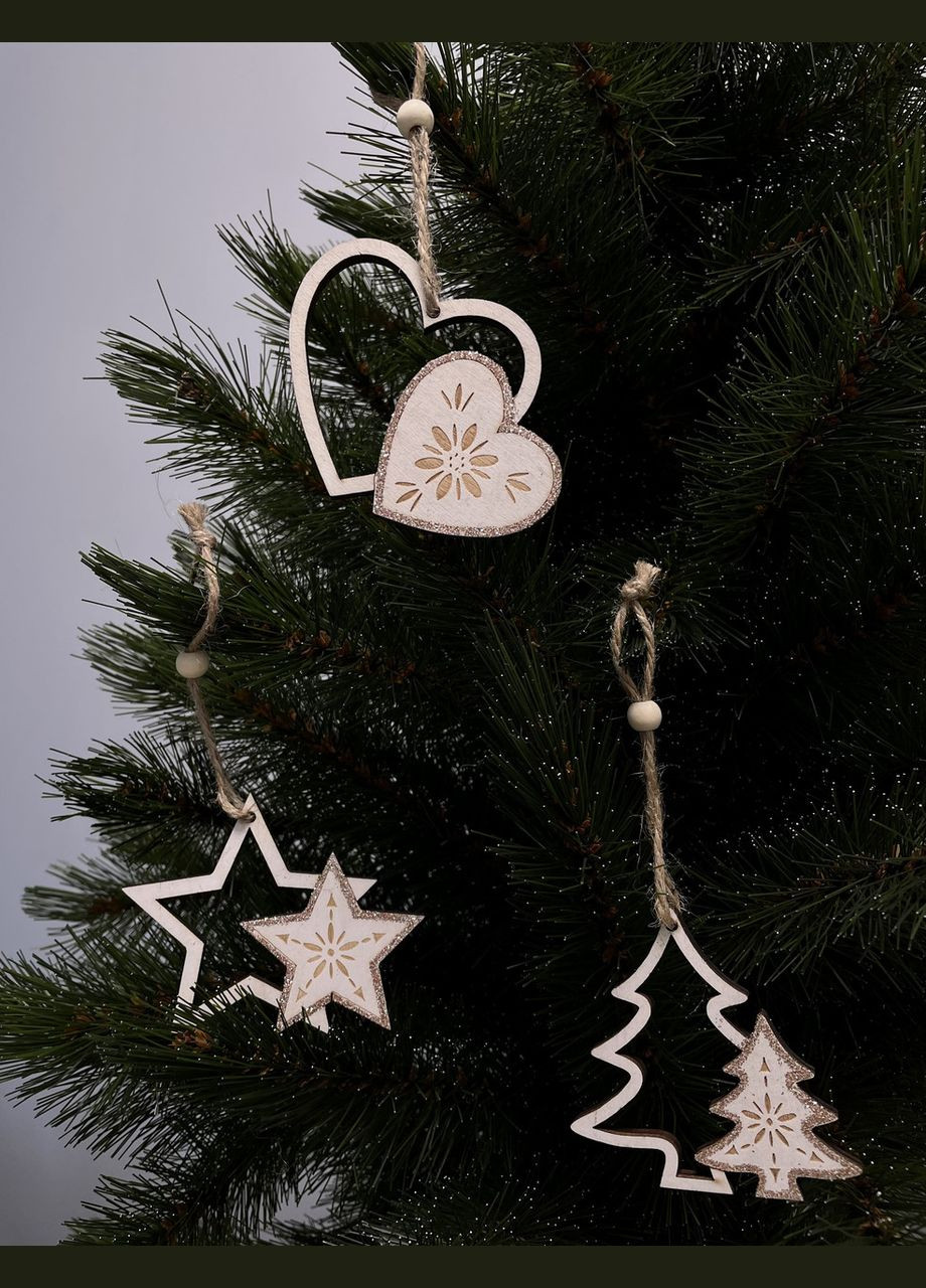 Украшения новогодние подвесные «Сердечки, звезды и елочки» House of Seasons», комплект 6 шт, деревянные, шампа H&S (329407455)