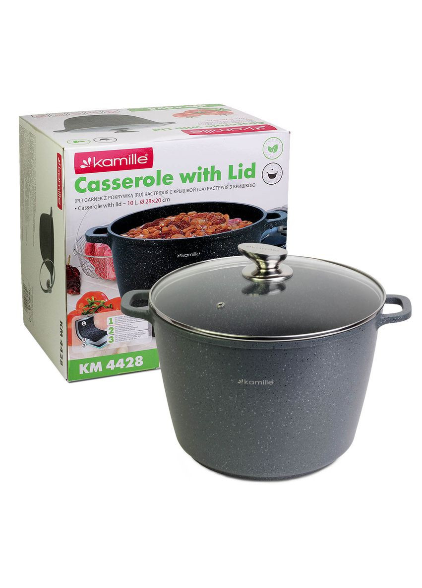 Кастрюля с крышкой 10.0 л из литого алюминия с антипригарным покрытием "гранит" и KM-4428. Kamille (371898496)