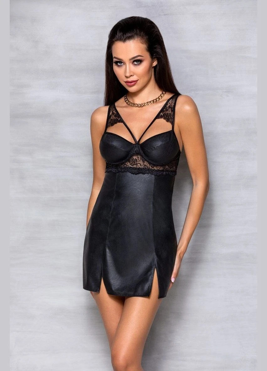 Бэби-долл из эко-кожи и кружева Loona Chemise black – Passion (297393908)