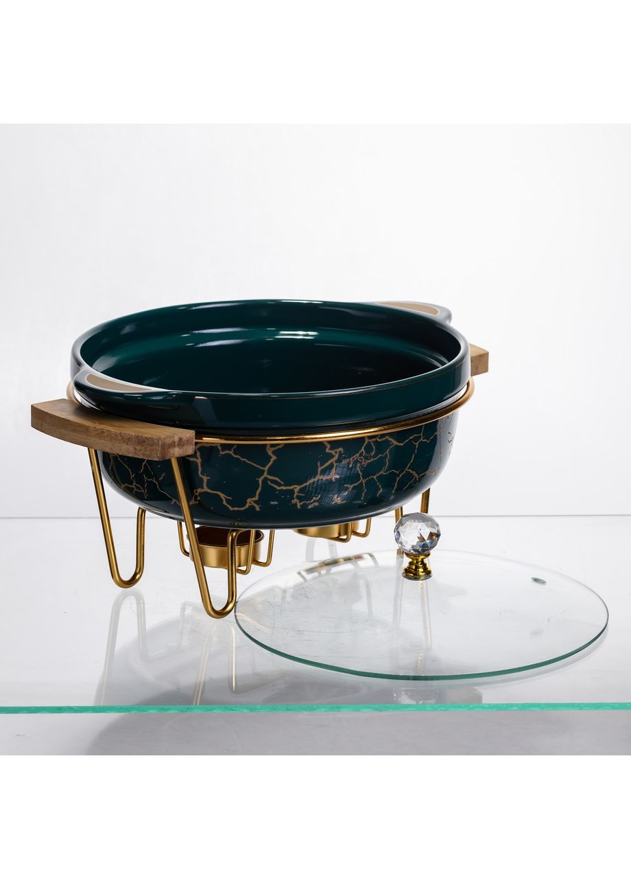 Марміт порцеляновий настільний круглий 1.3 (л) з підігрівом Зелений мармур LC-714 Yiwu (370974137)