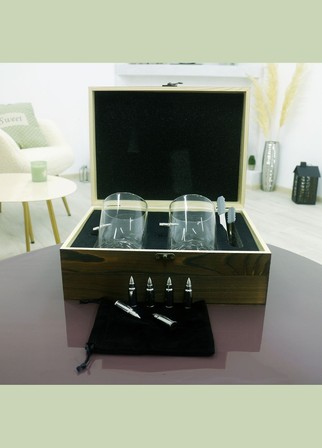 Набір "Куля" 2 склянки та 6 каменів для віскі в дерев'яній коробці - Подарунок для побратима, для друга (GP241205SP) Гранд Презент (302254508)