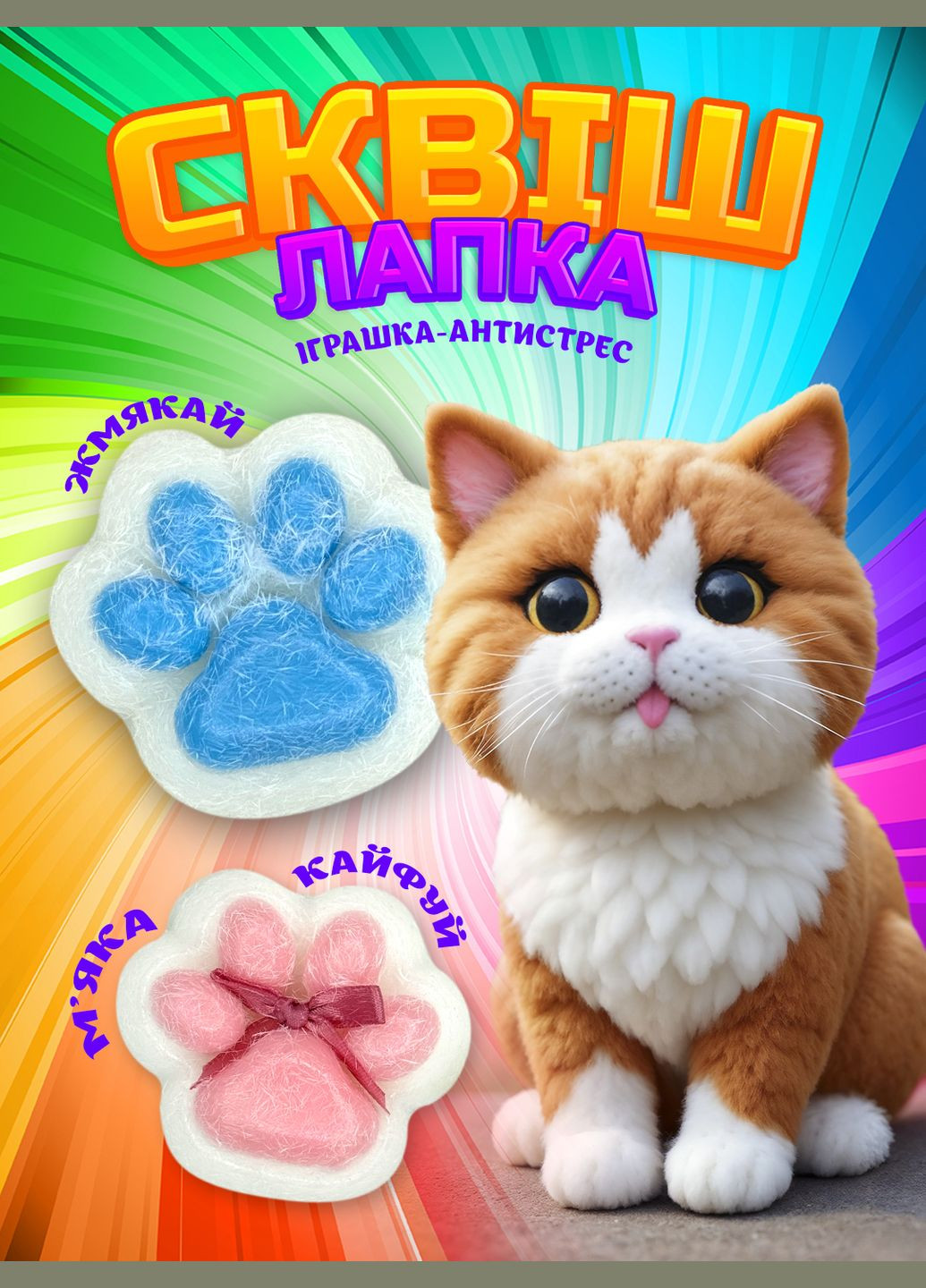 Антистресс-игрушка сквиш «Кошачья лапка» с пушистым покрытием на белой основе, 2 цвета No Brand (308346638)