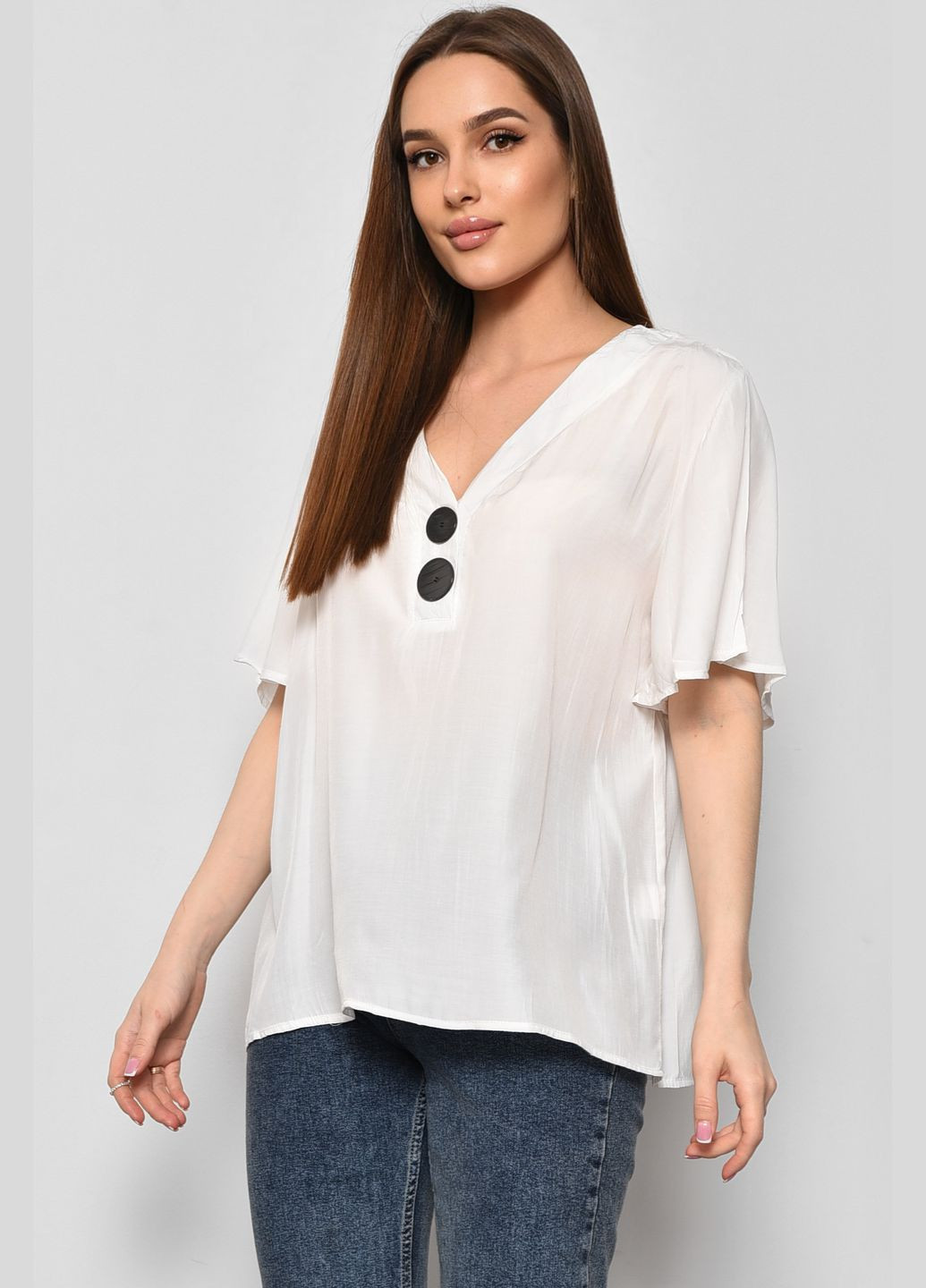 Біла демісезонна блуза жіноча з коротким рукавом білого кольору з баскою Let's Shop