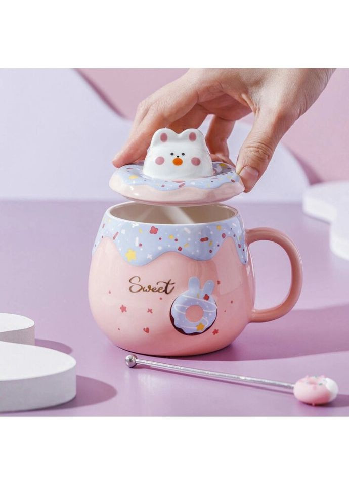 Кружка з кришкою Пончик 14613 500 мл рожева No Brand (324267974)