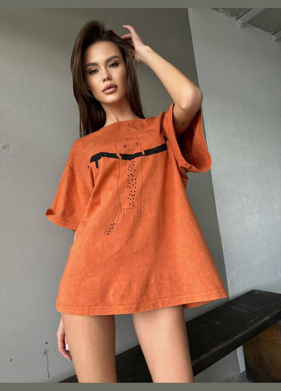 Оранжевая всесезон красивая однотонная оранжевая oversize футболка, качественная турецкая футболка с принтом котика на груди No Brand 24292-1