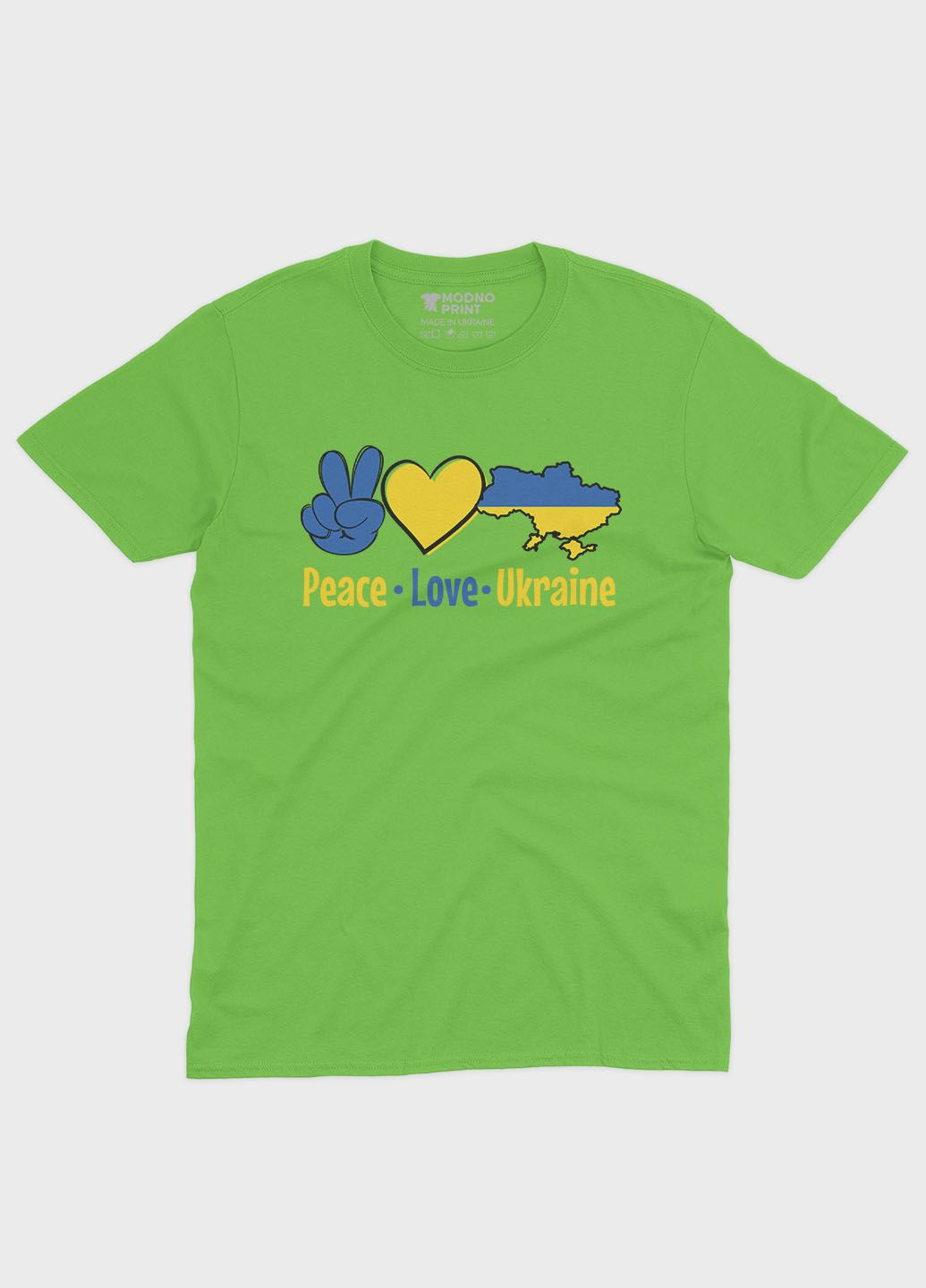 Жіноча футболка з патріотичним принтом Peace Love Ukraine (TS001-2-KIW-005-1-040-F) Modno - (290119214)