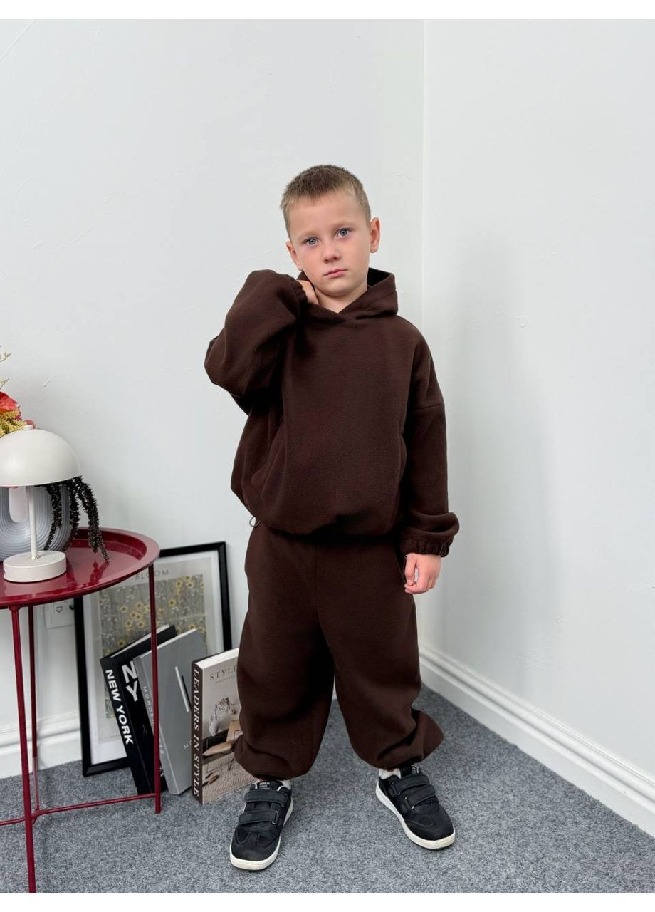 Темно-коричневый зимний костюм 1833 полар флис двойка детский брюки и тощие с капюшоном Україна
