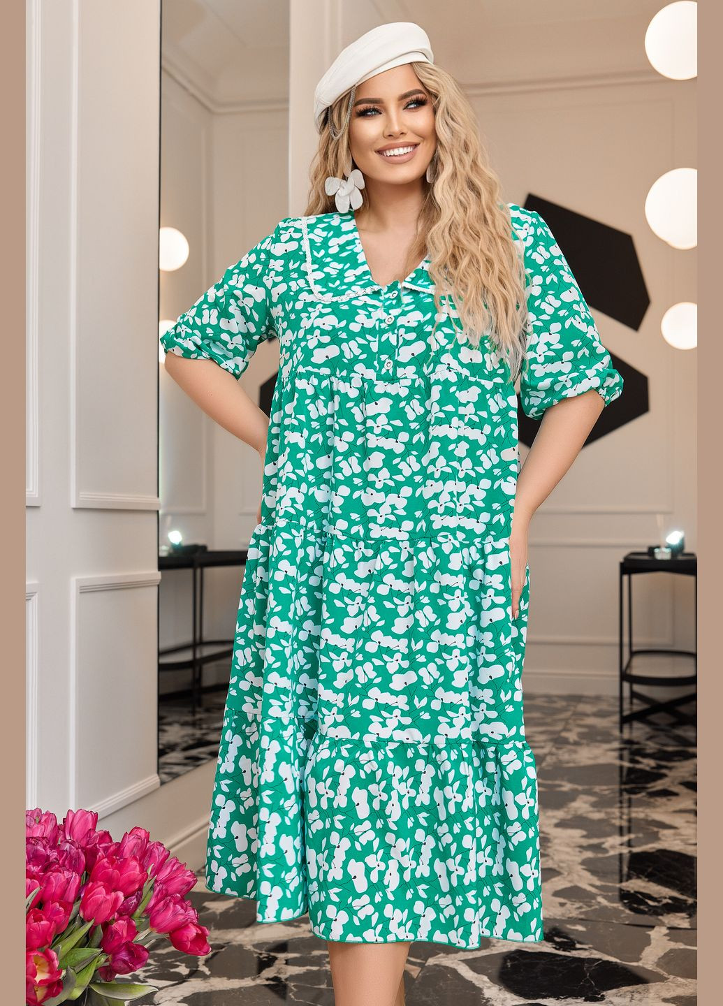 Зеленое кэжуал трендовое платье а-силуэт No Brand с цветочным принтом