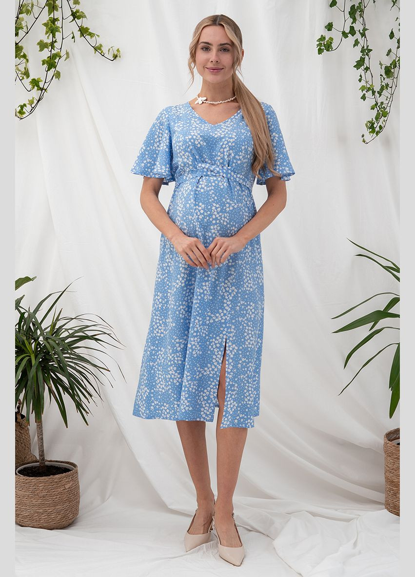 Голубое нарядное платье для беременных и кормящих мам из штапеля голубое Юла мама
