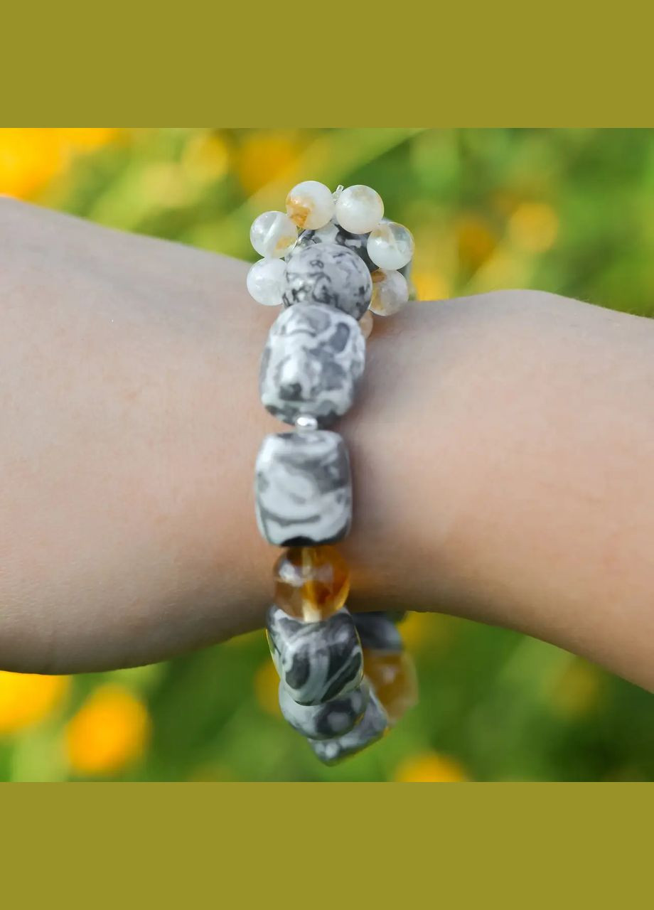 Браслет на гумці натуральний камінь Яшма сіра, Цитрін d-12-6мм+- L-18см No Brand Браслет (334350423)