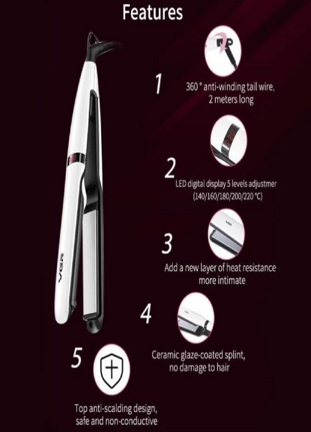 Плойка прасок для волосся V-511 керамічне покриття Білий VGR (302243300)