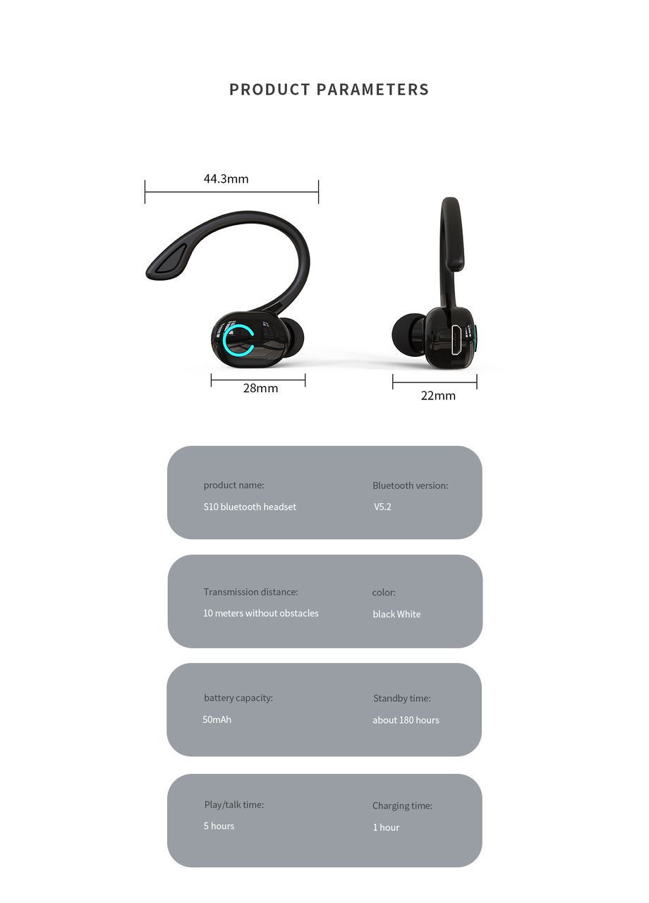 Один bluetooth навушник S10 чорний No Brand (302242997)