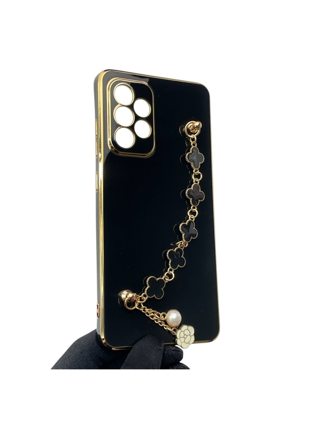 Чехол для телефона Galaxy A52 5G (SM-A526) женский с ремешком с украшениями и золотой окантовкой на A52 5г черный gs1 Samsung (366229796)