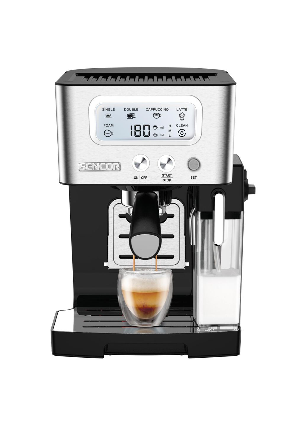 Кофеварка рожковая 1.4л, молотая, автоматический капучинатор, LCD-дисплей, нерж. сталь-черный Sencor (330031606)
