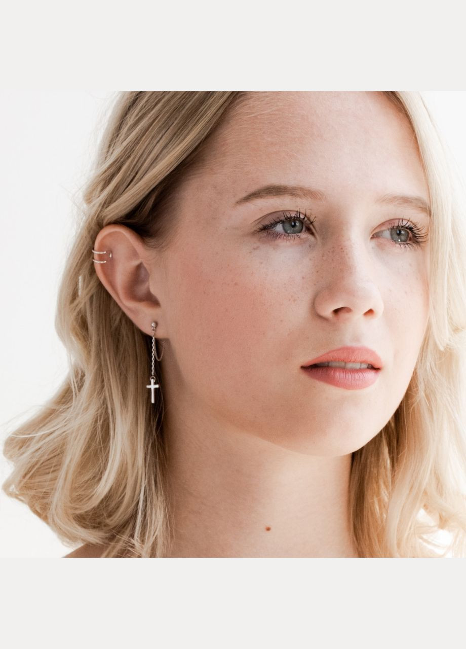 Серебряные серьги с фианитами Крестики на цепочках Каштан (342334874)