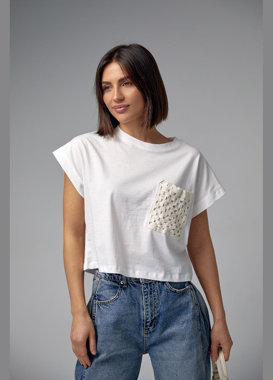Молочна літня укорочена футболка з ажурною кишенею Lurex