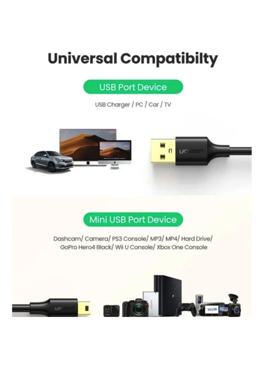 Переходник US132 USB 2.0 A Male to Mini 5 Pin Male Cable 1m (Black)(UGR10355) (UGR-10355) Ugreen (300686044)