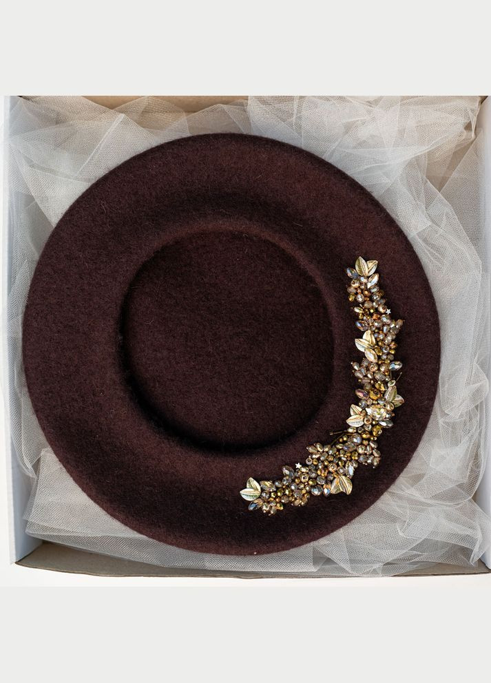 Берет зі 100% вовни, вишивка ручної роботи, берет осінь-зима коричневого кольору Ksenija Vitali (306559657)