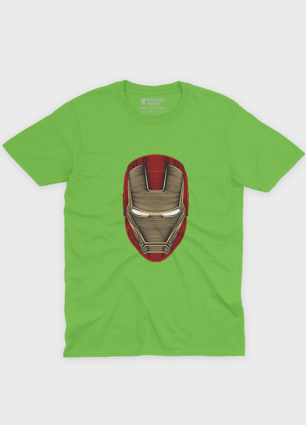 Салатовая демисезонная футболка для мальчика с принтом супергероя - железный человек (ts001-1-kiw-006-016-017-b) Modno