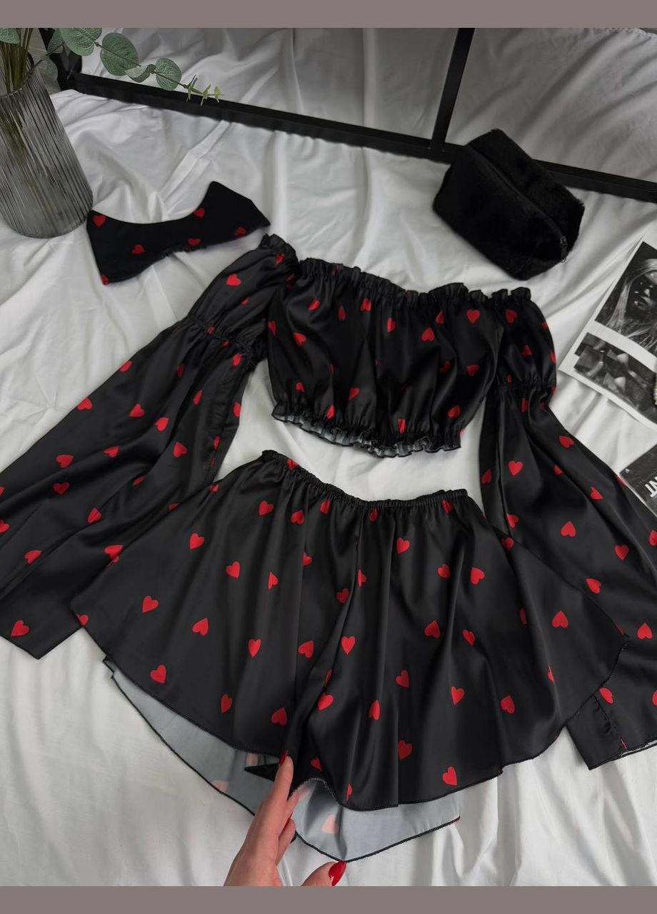 Черная всесезон пижамка тройка топ + шорты No Brand