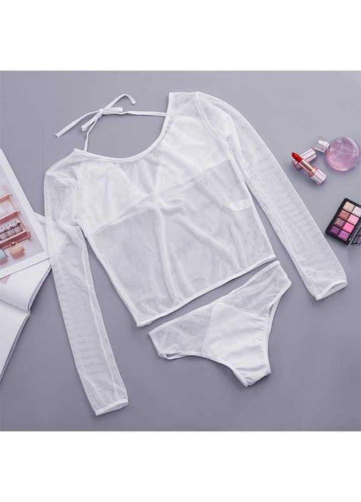 Білий демісезонний сексуальний комплект у сітку (топ, ліф, труси) xs/s білий — еротична білизна -