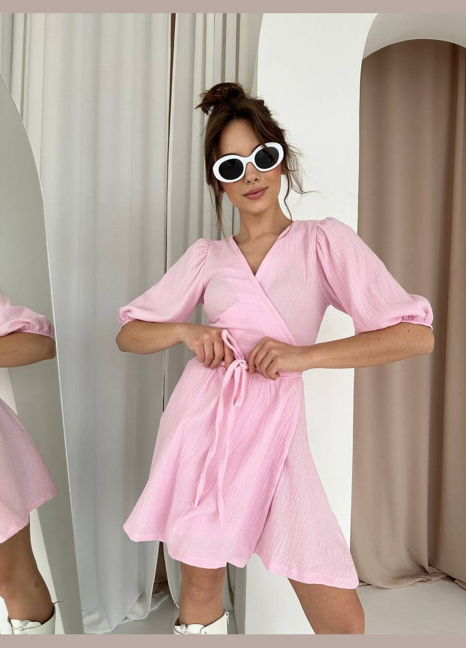 Рожева мусліновий сарафан на запах рожевого кольору 33328 на запах Fashion однотонна