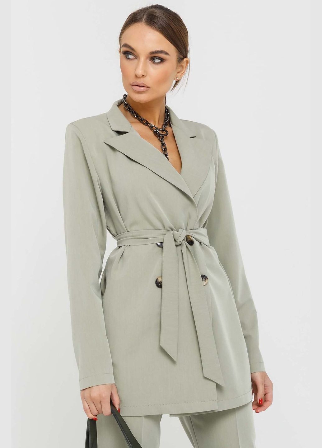 Оливковый женский женский жакет свободного силуэта с поясом и двубортной застежкой (пи 0320) RiMari - демисезонный