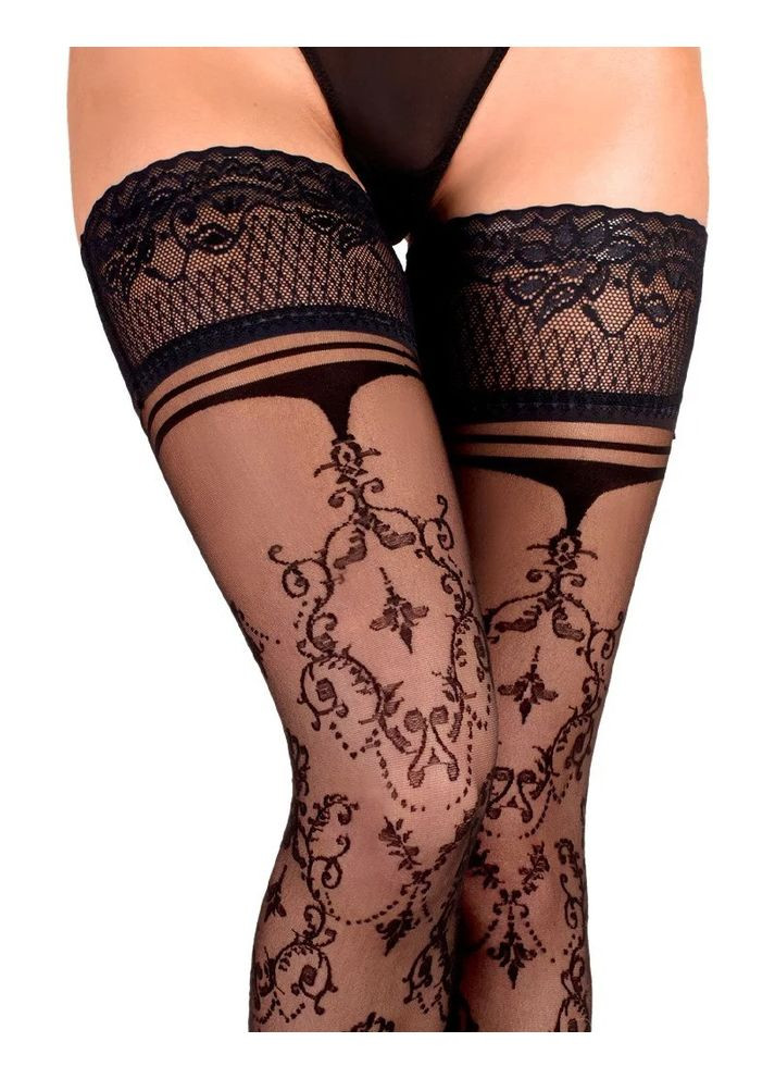 Черный демисезонный чулки на силиконовой ленте черные ballerina's secret bs113 с узором,,барокко,, по всей длине, s/m No Brand