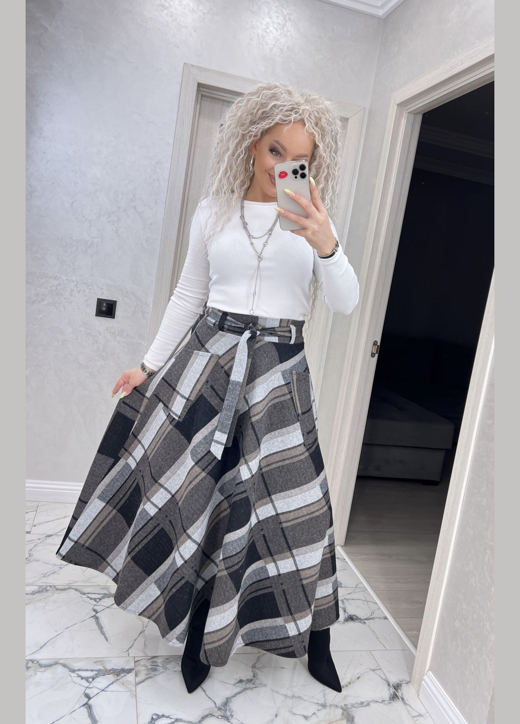 Бежевая офисная, повседневная, кэжуал в клетку женская теплая длинная юбка макси в клетку с добавлением шерсти No Brand