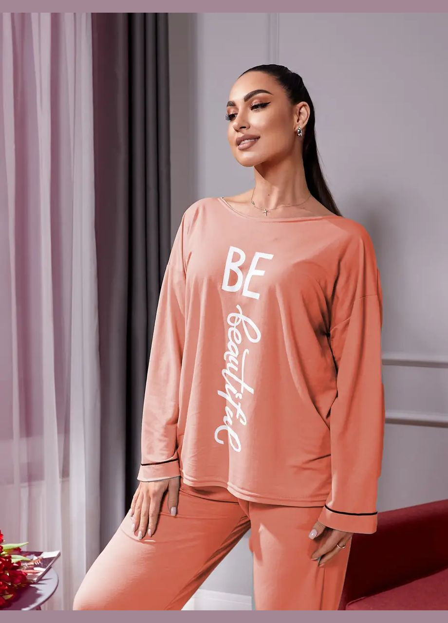 Пудровая всесезон женская пижама батал, домашний костюм из стрейч трикотажа. лонгслив + брюки No Brand піжама