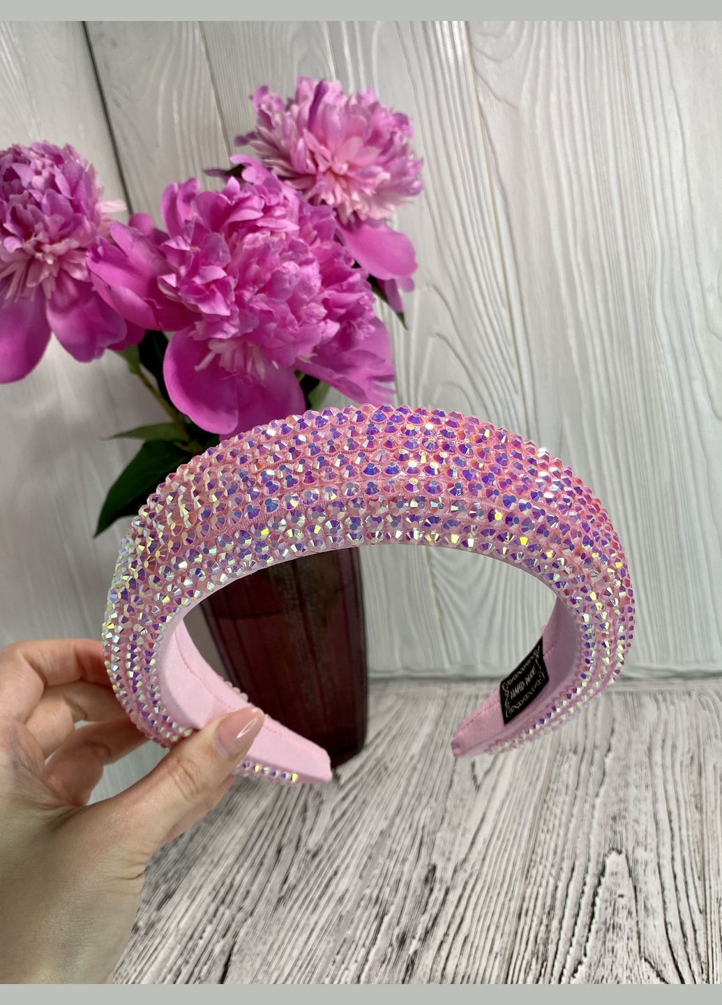 Красивий об'ємний обруч для волосся з крупних страз Рожевй Hand Made (330619162)
