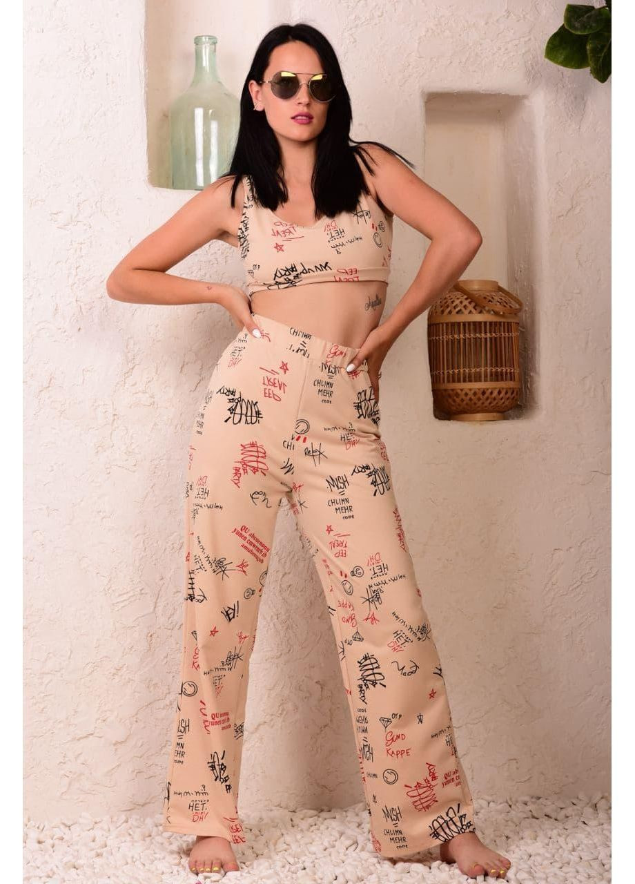 Бежевая всесезон пижама женская бежевая майка + брюки No Brand Жіночі піжами