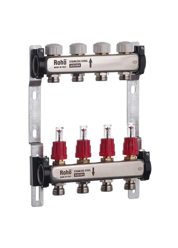 Колектор з витратоміром та термостатичними клапанами R804-04 - 1"х 4 вих. (RO0036) Roho (322004006)