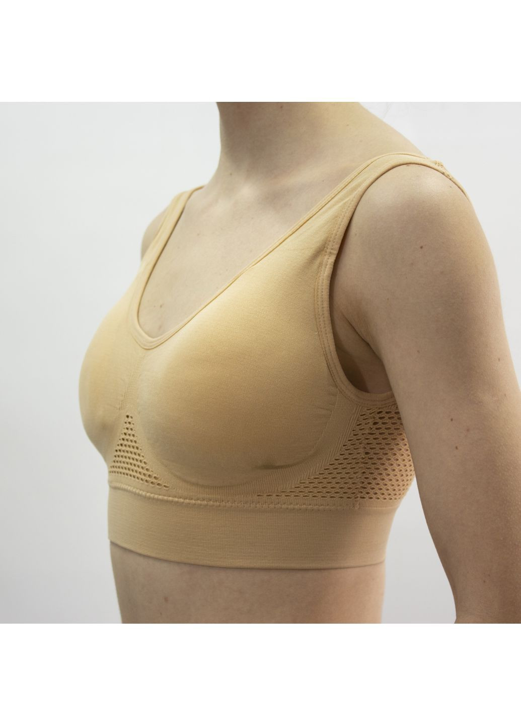 Безшовний спортивний топ-бра, м’яка підтримка без кісточок, дихаючий гіпоалергенний матеріал, бежевий, р. S–2XL No Brand (363968229)