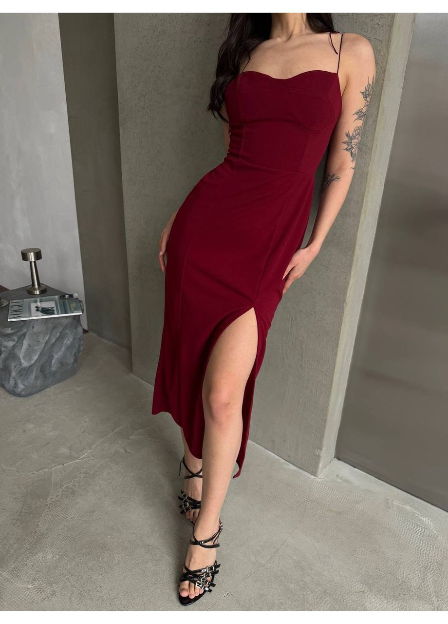 Бордова повсякденний, вечірня, кежуал жіноча сукня з відкритими плечима No Brand однотонна