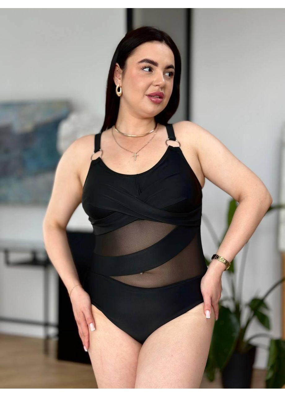 Чорний літній жіночий суцільний купальник плюс сайз з сіточкою / жіночий купальник великих розмірів чорний з прозорими вставками No Brand